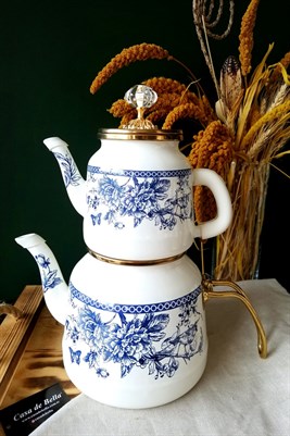 Emaye Mavi Çiçekli Çaydanlık Takımı